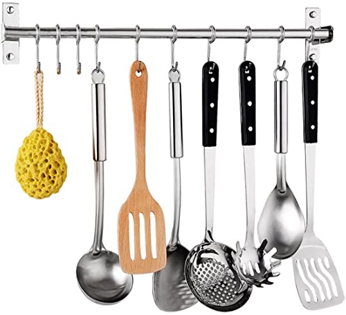 Petilleur Kitchen Sliding Hooks, Stainless Steel Hanging Rack Rail Organize Kitchen Tools with 10 Utensil Removable S Hooks for Towel, Spoon, Coats, Bathrobe, BBQ,Wall Mounted Hanger (60CM 10 Hooks)