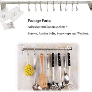 Petilleur Kitchen Sliding Hooks, Stainless Steel Hanging Rack Rail Organize Kitchen Tools with 10 Utensil Removable S Hooks for Towel, Spoon, Coats, Bathrobe, BBQ,Wall Mounted Hanger (60CM 10 Hooks)