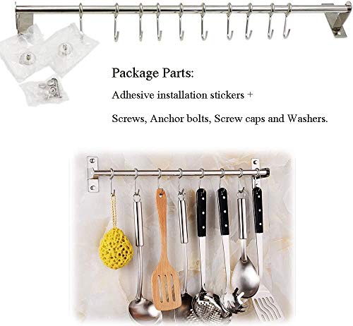 Petilleur Kitchen Sliding Hooks, Stainless Steel Hanging Rack Rail Organize Kitchen Tools with 10 Utensil Removable S Hooks for Towel, Spoon, Coats, Bathrobe, BBQ,Wall Mounted Hanger (60CM 10 Hooks)