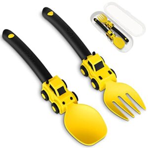 construction toddler utensils – toddler forks and spoons – kids spoon and fork set – suitable for kids utensils – baby utensils, portable utensils set for 1 2 3 4 5 year old toddlers – yellow