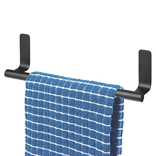 mDesign Steel Wall-Mounted Towel Rack Storage Holder - Self-Adhesive Space Saving Towel Bar for Bathroom, Kitchen - Holds Hand Towels - Stick on Doors or Cabinet - Omni Collection - 2 Pack - Black