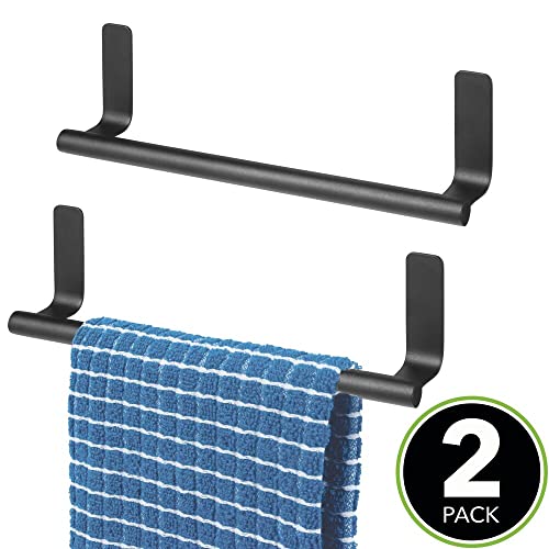 mDesign Steel Wall-Mounted Towel Rack Storage Holder - Self-Adhesive Space Saving Towel Bar for Bathroom, Kitchen - Holds Hand Towels - Stick on Doors or Cabinet - Omni Collection - 2 Pack - Black