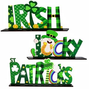 bunny chorus st patricks day decorations 3pcs, lucky wooden table sign, irish themed gnome tabletop centerpiece shamrock gold coins gift for home, party supplies décor