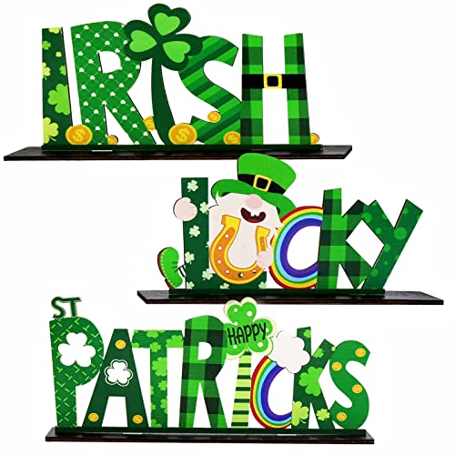 Bunny Chorus St Patricks Day Decorations 3Pcs, Lucky Wooden Table Sign, Irish Themed Gnome Tabletop Centerpiece Shamrock Gold Coins Gift for Home, Party Supplies Décor