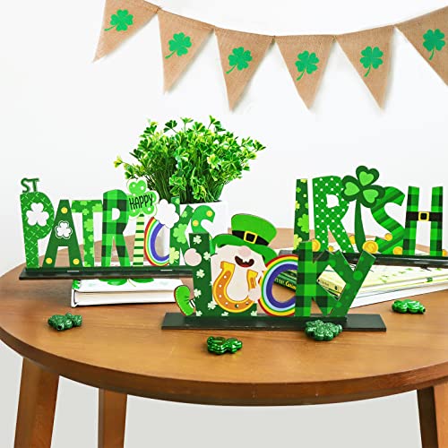 Bunny Chorus St Patricks Day Decorations 3Pcs, Lucky Wooden Table Sign, Irish Themed Gnome Tabletop Centerpiece Shamrock Gold Coins Gift for Home, Party Supplies Décor