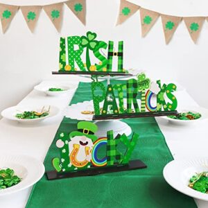 Bunny Chorus St Patricks Day Decorations 3Pcs, Lucky Wooden Table Sign, Irish Themed Gnome Tabletop Centerpiece Shamrock Gold Coins Gift for Home, Party Supplies Décor