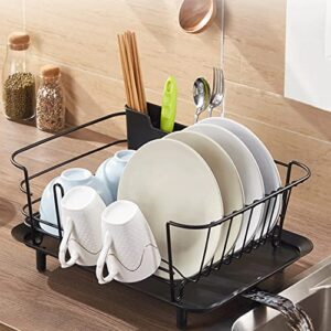 vizoe dish drying rack 15”*11”*8”, black iron dish rack with automatic drainage, removable utensil holder and cup holder, drying rack with swivel spout for kitchen inside sink counter cabinet
