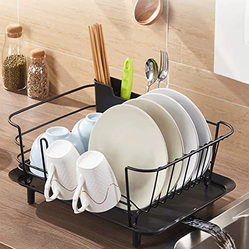 vizoe Dish Drying Rack 15''*11''*8'', Black Iron Dish Rack with Automatic Drainage, Removable Utensil Holder and Cup Holder, Drying Rack with Swivel Spout for Kitchen Inside Sink Counter Cabinet