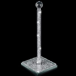 silver paper towel roll holder, 13 inch square base standing paper towel stand with sparkly crystal crushed diamonds decor for kitchen table or bathroom