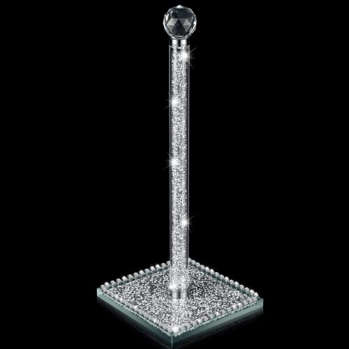 Silver Paper Towel Roll Holder, 13 Inch Square Base Standing Paper Towel Stand with Sparkly Crystal Crushed Diamonds Decor for Kitchen Table or Bathroom