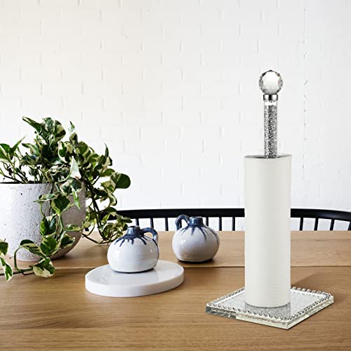 Silver Paper Towel Roll Holder, 13 Inch Square Base Standing Paper Towel Stand with Sparkly Crystal Crushed Diamonds Decor for Kitchen Table or Bathroom