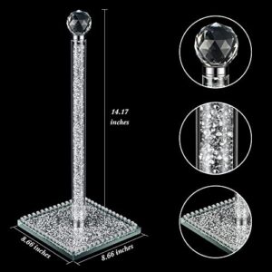 Silver Paper Towel Roll Holder, 13 Inch Square Base Standing Paper Towel Stand with Sparkly Crystal Crushed Diamonds Decor for Kitchen Table or Bathroom