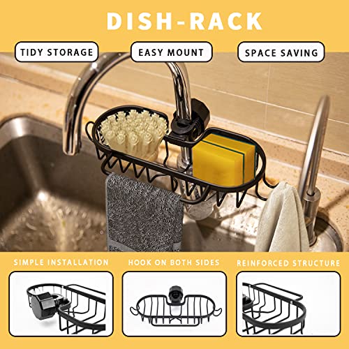 AIVIIN Aluminum Faucet Sponge Hook Holder for Kitchen Sink, Adjustable Detachable Over Aluminum Rack Caddy Organizer for Bathroom, Scrubbers, Compatible with Faucets 0.25-1 Inches in Diameter, Black