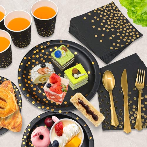 175PCS Black and Gold Party Supplies, Severs 25 Disposable Party Dinnerware, Gold Plastic Forks Knives Spoons and Golden Dot Black Paper Plates, Black Napkins Cups for Graduation, Birthday, Wedding