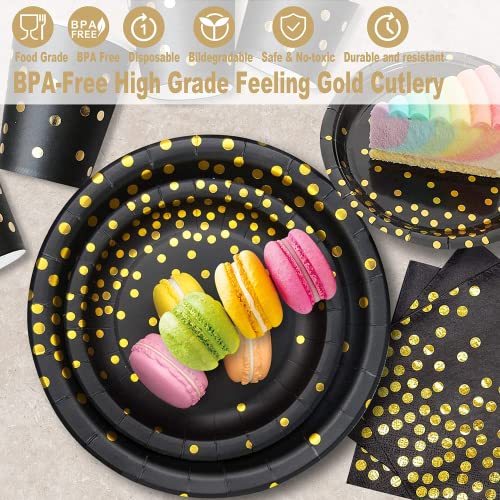 175PCS Black and Gold Party Supplies, Severs 25 Disposable Party Dinnerware, Gold Plastic Forks Knives Spoons and Golden Dot Black Paper Plates, Black Napkins Cups for Graduation, Birthday, Wedding