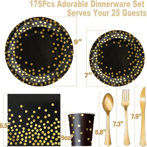 175PCS Black and Gold Party Supplies, Severs 25 Disposable Party Dinnerware, Gold Plastic Forks Knives Spoons and Golden Dot Black Paper Plates, Black Napkins Cups for Graduation, Birthday, Wedding