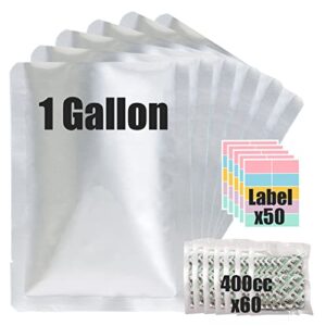 50pcs 1 gallon mylar bags for food storage with oxygen absorbers 400cc (6 packs of 10pcs) and labels, 9.5 mil 10″x14″ vacuum sealer bags heat sealable bags for long term food storage(extra thick）
