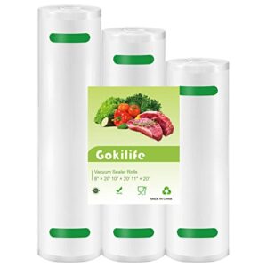 gokilife vacuum sealer bags, 8″ x 20′ 10″ x 20′ 11″ x 20′ food vacuum bags rolls 3 pack, bpa free, heavy duty, cut to size roll for vac storage, meal prep or sous vide
