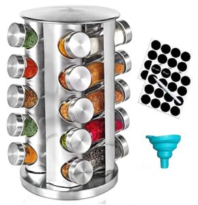 revolving spice rack organizer countertop, spinning herb and spice storage rack tower organizer with 20 empty jars, rotating spice holder shelf seasoning rack shelf, spice seasoning bottle organizer