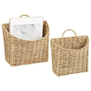 mdesign woven seagrass hanging wall storage basket for flowers & essentials, decorative boho mounted organizer for pantry, closet, bathroom, and the door – set of 2 – natural