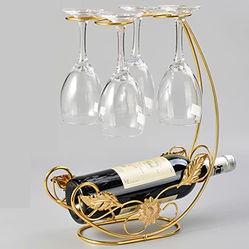 homeme Tabletop Metal Wine Rack &Wine Glass Holder - Under Cabinet Goblet Wine Bottle Holder Glass Storage Rack Metal Storage Rack Elegant Freestanding Stemware Holder Stand for Bar Kitchen Golden