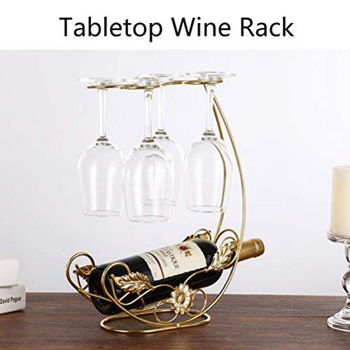 homeme Tabletop Metal Wine Rack &Wine Glass Holder - Under Cabinet Goblet Wine Bottle Holder Glass Storage Rack Metal Storage Rack Elegant Freestanding Stemware Holder Stand for Bar Kitchen Golden