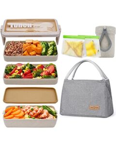 jbgoyon bento boxes for adults, 1000ml bento lunch box for kids children – wheat straw, leakproof stackable 3-in-1 compartment bento box set, built-in cutlery, insulated lunch bag