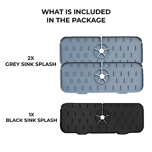 Pouchouse Sink Splash Guard 3 Pack-Faucet Mat for Kitchen-Kitchen Gadgets-Drying Mat For Kitchen Protectors-Sponge Holder-Under sink Mats For Kitchen Waterproof(Black Grey).