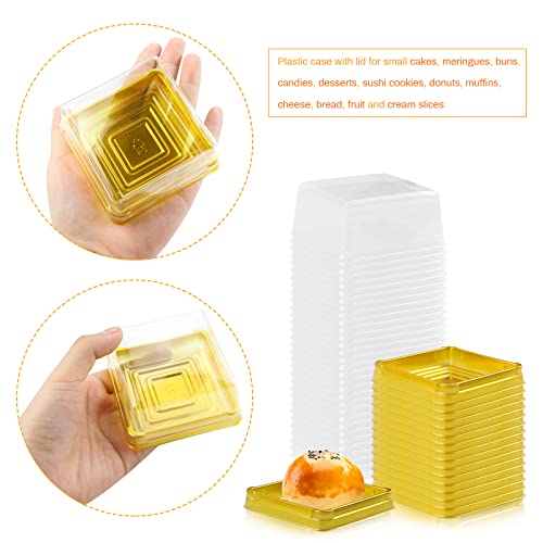 GothaBach 100 Set 3" Plastic Square Containers with Lids Cupcake Boxes Muffin Pod Dome Muffin Single Container Box for Wedding Birthday Gifts Supplies (Golden)