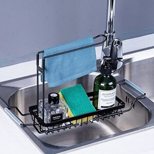mlesi sponge holder for kitchen sink kitchen sink caddy stainless steel telescopic sink storage rack, telescopic sink basket with dish towel rack expandable (14.2″-17.3″) rustproof sink organizer