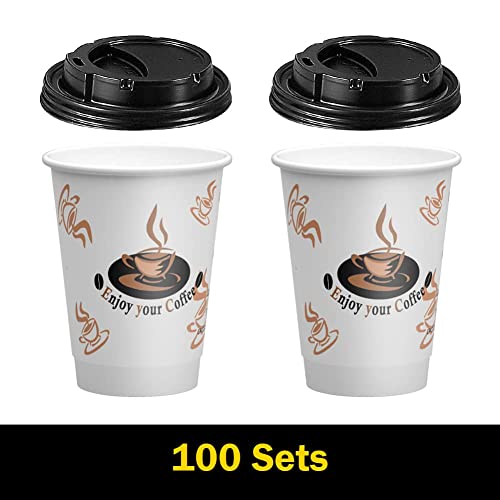 SPRINGPACK Disposable Coffee Cups with Lids, [100 pack] 12 oz (Double Wall) Insulated To Go Paper Coffee Cups for Cold/Hot Beverage, Recyclable Takeaway Drinking Cups for Home Office Cafe Parties