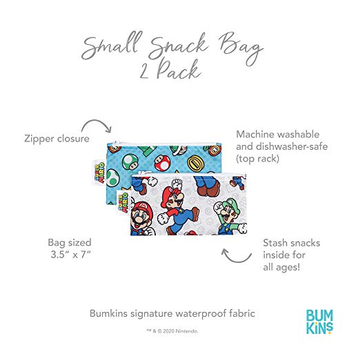 Bumkins Snack Bags, Reusable Fabric, Washable, Food Safe, BPA Free - Nintendo Mario & Luigi (2-Pack)