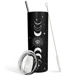 goth moon tumbler with lid and straw – moon phase gothic decor – black vacuum insulated stainless steel 20 oz witch tumbler cup- halloween spooky gifts for women -goth, witch stuff -moon coffee mug