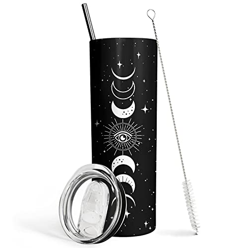 Goth Moon Tumbler with Lid and Straw - Moon Phase Gothic Decor - Black Vacuum Insulated Stainless Steel 20 Oz Witch Tumbler Cup- Halloween Spooky Gifts for Women -Goth, Witch Stuff -Moon Coffee Mug