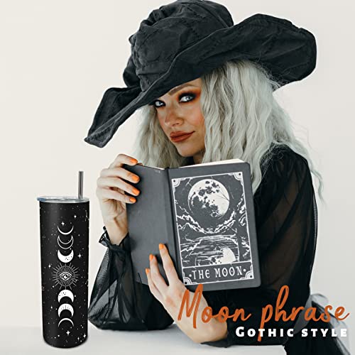 Goth Moon Tumbler with Lid and Straw - Moon Phase Gothic Decor - Black Vacuum Insulated Stainless Steel 20 Oz Witch Tumbler Cup- Halloween Spooky Gifts for Women -Goth, Witch Stuff -Moon Coffee Mug