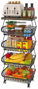 chloryard fruit basket with wooden lid for kitchen, 5-tier stackable wire fruit vegetable storage basket organizer stand on wheel, produce basket potato onion storage bins rack cart for pantry