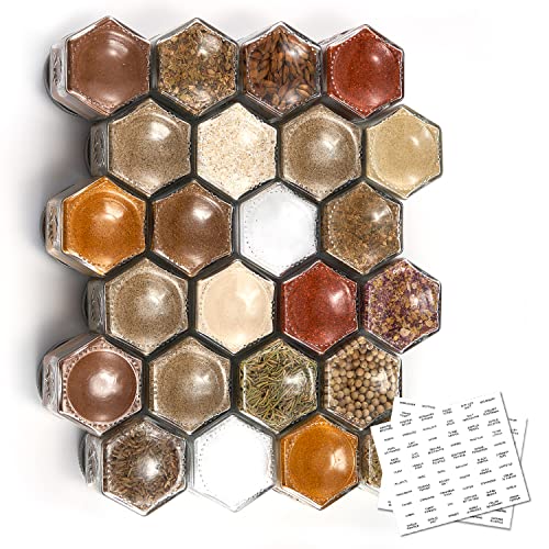 Homazing Set of 24 Magnetic Spice Jars for Refrigerator Hexagon Glass Magnetic Spice Jars for RV Travel Trailer Kitchen, Magnetic Glass Spice Containers with Magnetic Lids Shaker Lids and Labels