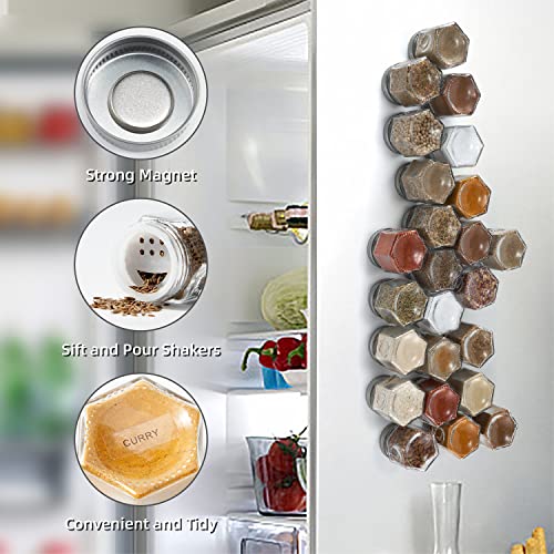 Homazing Set of 24 Magnetic Spice Jars for Refrigerator Hexagon Glass Magnetic Spice Jars for RV Travel Trailer Kitchen, Magnetic Glass Spice Containers with Magnetic Lids Shaker Lids and Labels