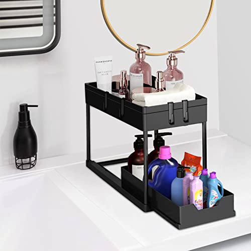 2 Pack Under Sink Organizer, Under Sink Organizers and Storage, Sliding 2 Tier Cabinet Organizer, Multi-Purpose Storage Rack with Hooks for Kitchen and Bathroom, Office, Bedroom(2 Pack) (Black2)