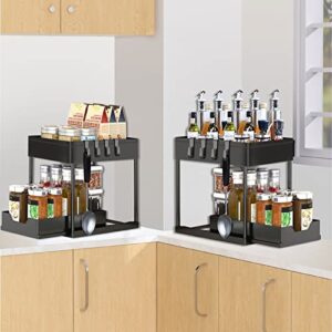 2 Pack Under Sink Organizer, Under Sink Organizers and Storage, Sliding 2 Tier Cabinet Organizer, Multi-Purpose Storage Rack with Hooks for Kitchen and Bathroom, Office, Bedroom(2 Pack) (Black2)