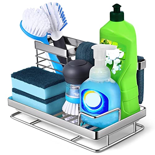 Kitchen Sink Caddy Sponge Holder: Large Kitchen Sink Organizer for Dish Rag Soap Brush - 304 Stainless Steel Sponge Holder Rack with Removable Drain Tray for Counter Storage