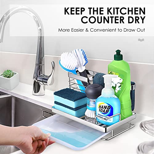 Kitchen Sink Caddy Sponge Holder: Large Kitchen Sink Organizer for Dish Rag Soap Brush - 304 Stainless Steel Sponge Holder Rack with Removable Drain Tray for Counter Storage