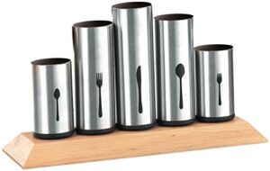 bruntmor, 18/8 stainless steel flatware organizer holder caddy with wood base. use for 12 knives, forks, spoons, coffee spoons and pastry forks, on a wooden stand made from rubberwood.