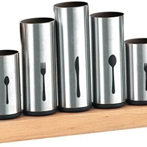 Bruntmor, 18/8 Stainless Steel Flatware Organizer Holder Caddy With Wood Base. Use for 12 knives, forks, spoons, coffee spoons and pastry forks, on a wooden stand made from rubberwood.