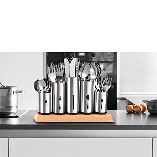 Bruntmor, 18/8 Stainless Steel Flatware Organizer Holder Caddy With Wood Base. Use for 12 knives, forks, spoons, coffee spoons and pastry forks, on a wooden stand made from rubberwood.