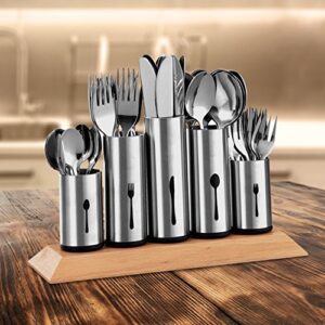 Bruntmor, 18/8 Stainless Steel Flatware Organizer Holder Caddy With Wood Base. Use for 12 knives, forks, spoons, coffee spoons and pastry forks, on a wooden stand made from rubberwood.