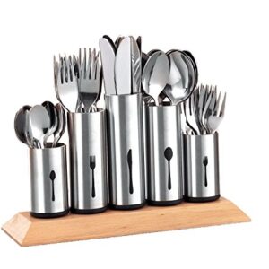 Bruntmor, 18/8 Stainless Steel Flatware Organizer Holder Caddy With Wood Base. Use for 12 knives, forks, spoons, coffee spoons and pastry forks, on a wooden stand made from rubberwood.