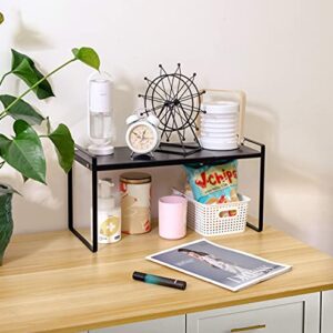 Beeloving Expandable Cabinet Shelf Organizer Storage Rack Space Riser for Kitchen Bathroom Pantry Spice Cupboard Countertop Desk Home Office Dish Cup Bottle Pot Metal Plate Heavy Duty Nonslip Black