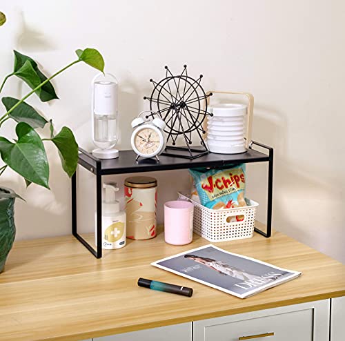 Beeloving Expandable Cabinet Shelf Organizer Storage Rack Space Riser for Kitchen Bathroom Pantry Spice Cupboard Countertop Desk Home Office Dish Cup Bottle Pot Metal Plate Heavy Duty Nonslip Black