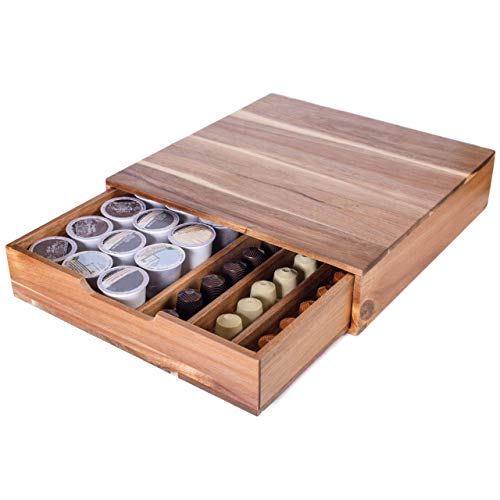 Select Essentials Coffee Pod Drawer - Acacia Wood Coffee Storage Drawer, Espresso Pods Holder, Rustic Coffee Pod Holder for Kitchen, Wooden Coffee Pod Organizer compatible with K Cups/OringinalLine